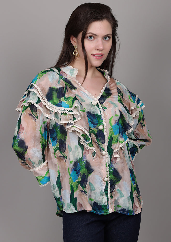 Beige printed chiffon ruffle shirt with lace and pearl buttons