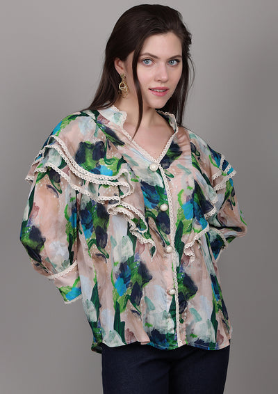 Beige printed chiffon ruffle shirt with lace and pearl buttons