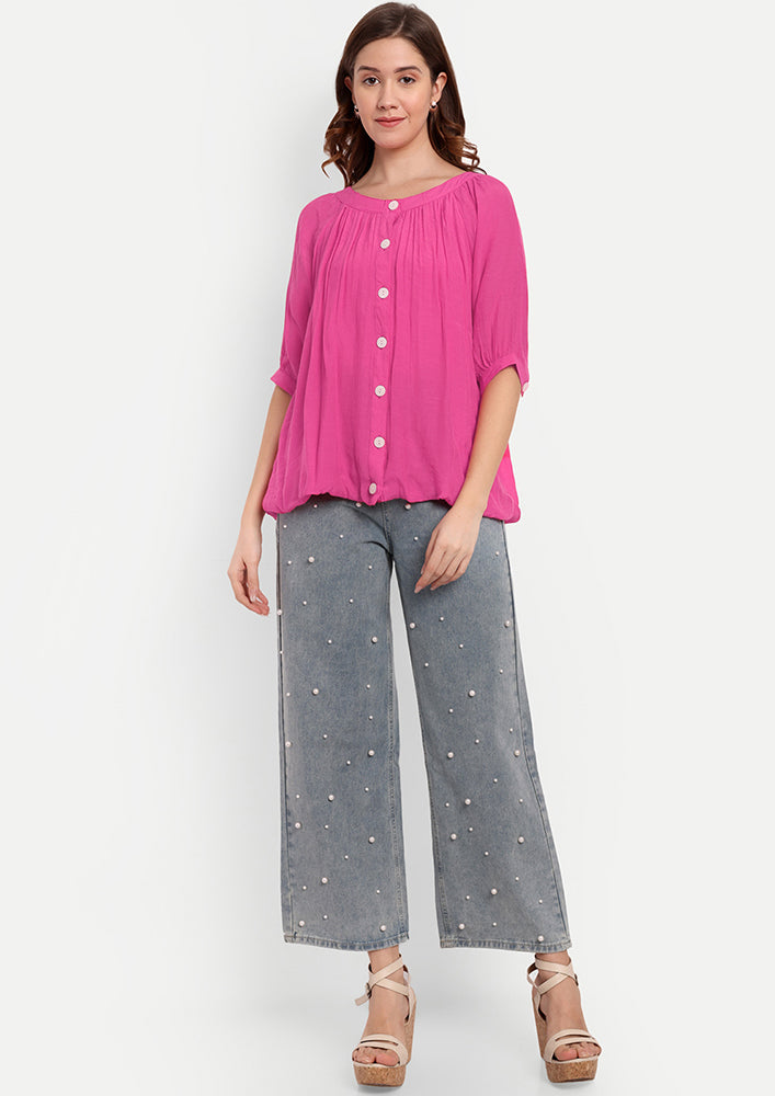 Pink Front Button-Up Shirt With Gather Detailing At Neck And Sleeves