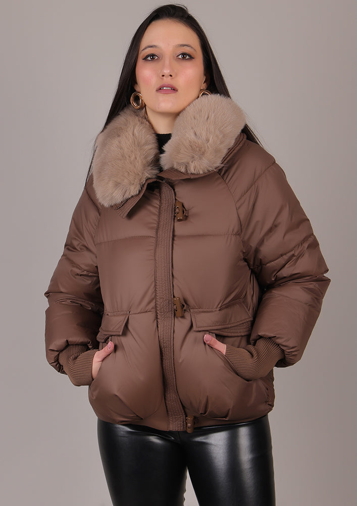 Brown Puffer Jacket With Detachable Fur Collar IKI CHIC Private Ltd.