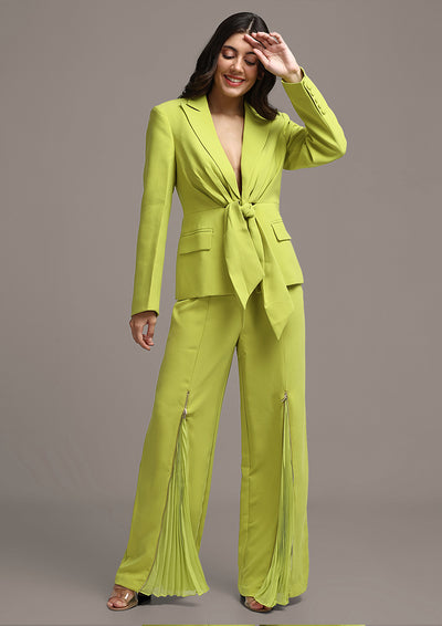 Women Green Shoulder Pad Front Tie Blazer And Flared Pant Sets