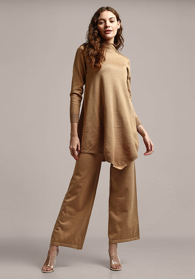 Beige Long Knitted Flare Pullover With Wide Leg Pants Set