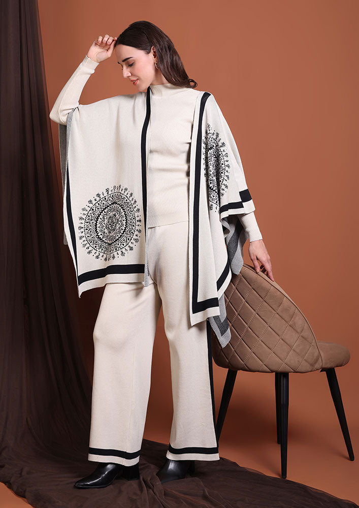 Off-White Woolen Three-Piece Co-Ord Set