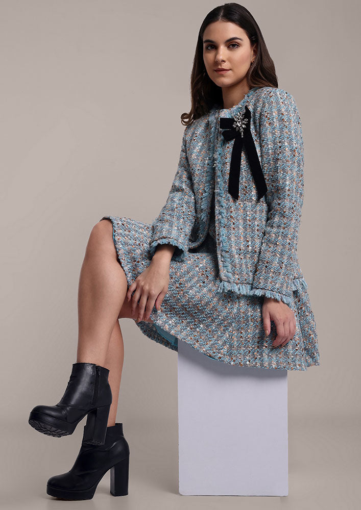 Sky Blue Tweed Dress & Jacket Set with Swarovski Bow Detail