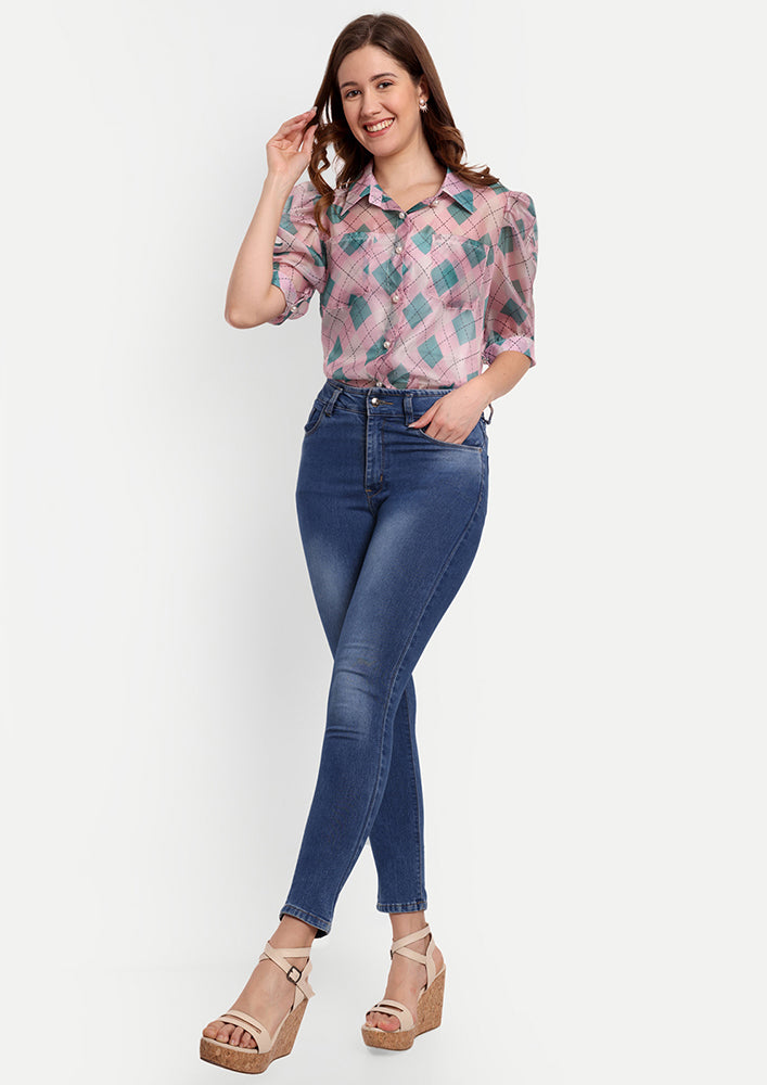 Pink Printed Collared Shirt With Pearl Front Button Up And Puff Sleeves