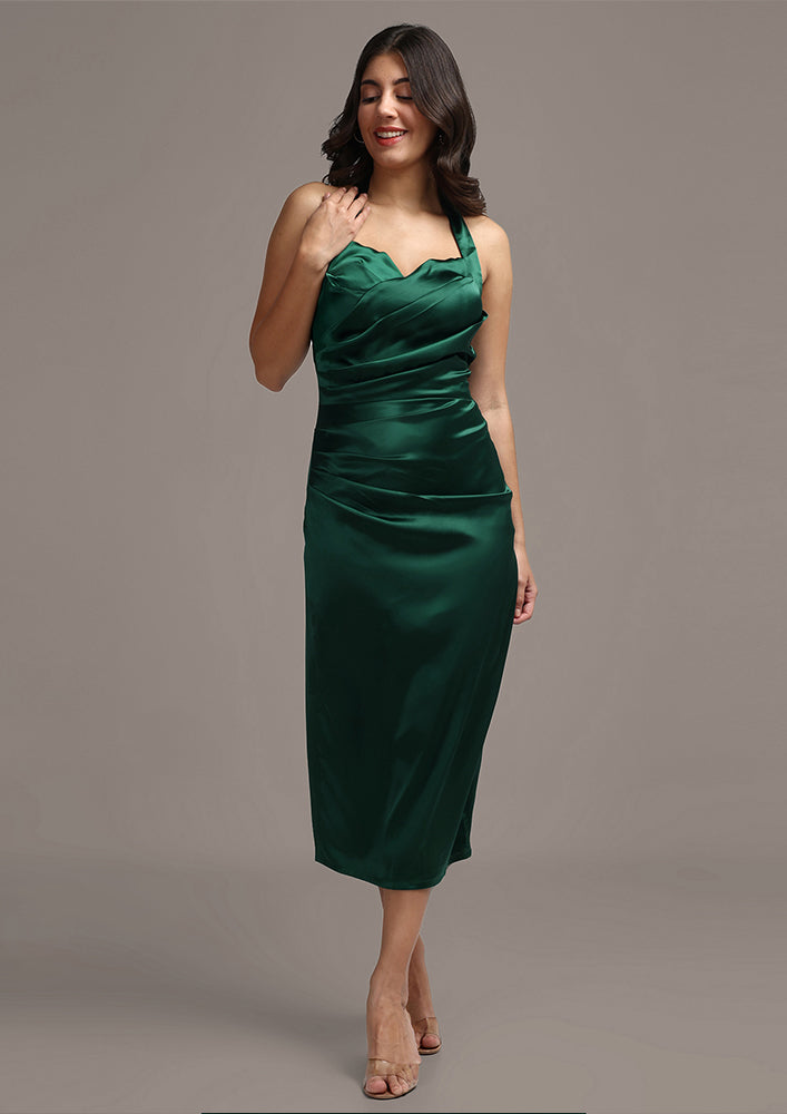 Solid Green Satin Halterneck Bodycon Midi Dress