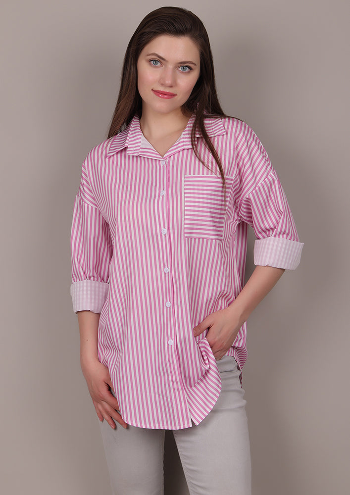 Pink striped shirt with a horizontal-striped pocket IKI CHIC Private Ltd.