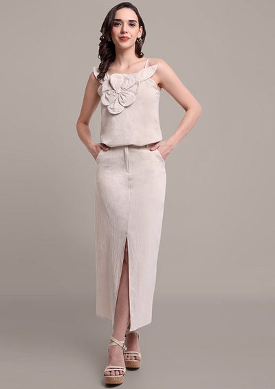 Beige Flower Strappy Top And Skirt Set IKI CHIC Private Ltd.