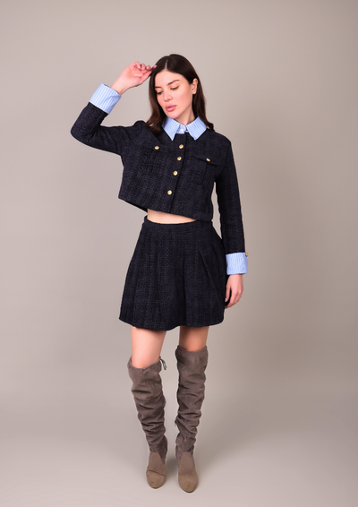 Navy Blue Gold Detail Jacket & High-Waisted Skirt