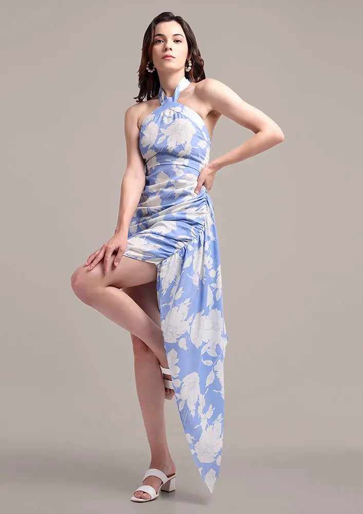 Printed Linen Halter Neck Dress With Side Trail IKI CHIC Private Ltd