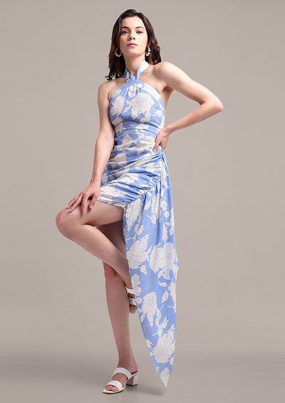 Printed Linen Halter Neck Dress With Side Trail