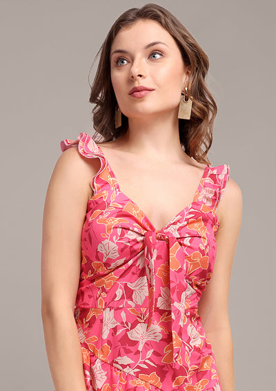 Pink Floral Print Ruffle Hem Mini Dress