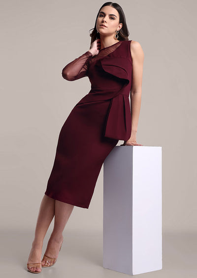 Maroon Scuba Midi Dress with Embellished Net Sleeve