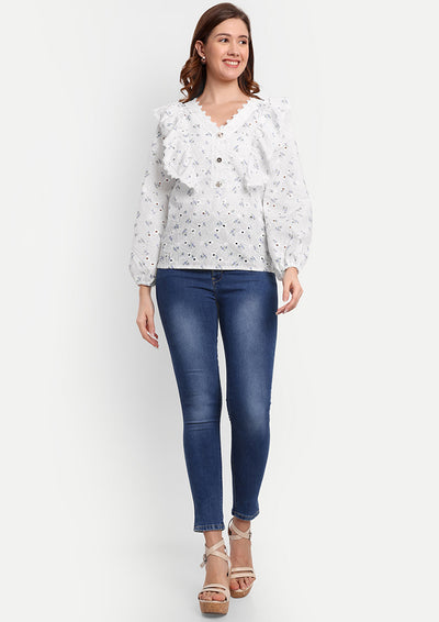 White Floral Printed Schiffli Blouse With V-Neckline With Ruffle Detailing