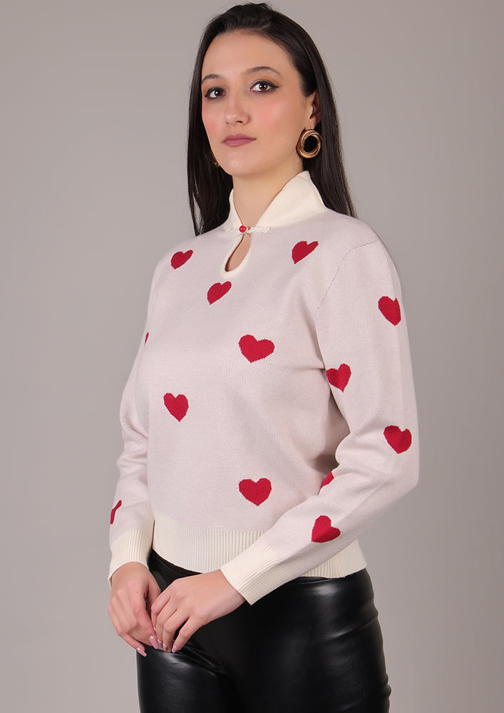 Off white Sweater With Heart Print IKI CHIC Private Ltd.