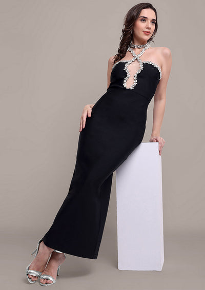 Black bodycon Embellished Cut-Out Halter Dress IKI CHIC Private Ltd.