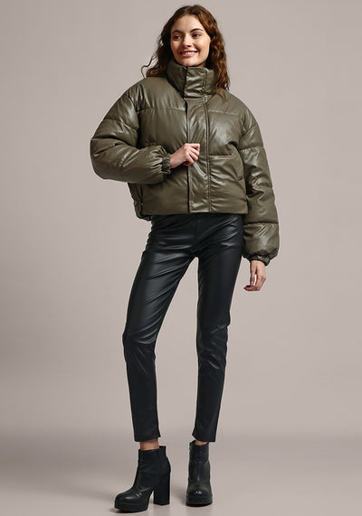 Olive Green Faux Leather Statement Puffer Jacket