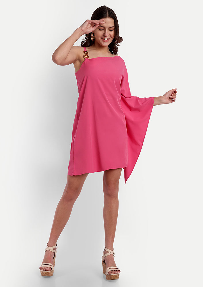 Pink Asymmetric Neck Kaftan Mini Dress