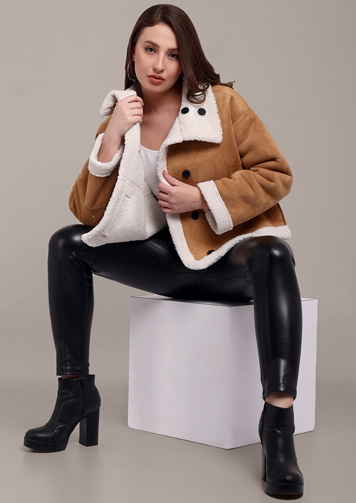 Beige Suede Jacket with Wool Detailing IKI CHIC Private Ltd.