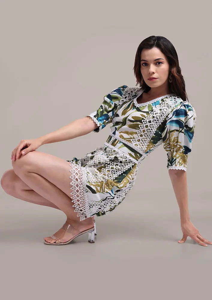 Tropical Print V-Neck Romper With Lace Detailing IKI CHIC Private Ltd