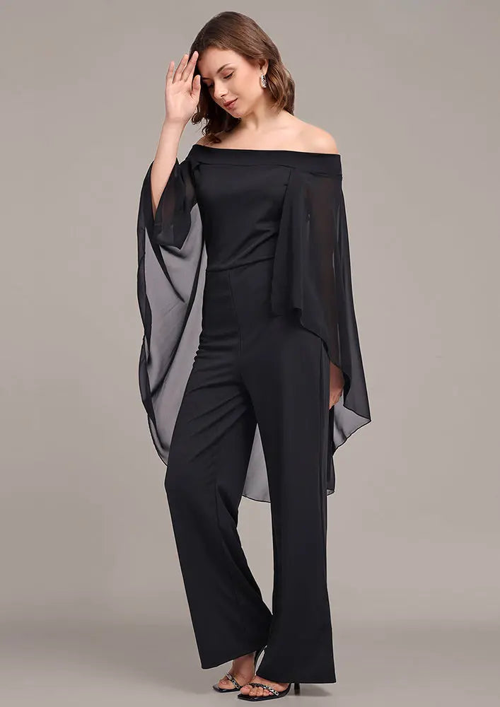 Black drape off-shoulder jumpsuit IKI CHIC Private Ltd