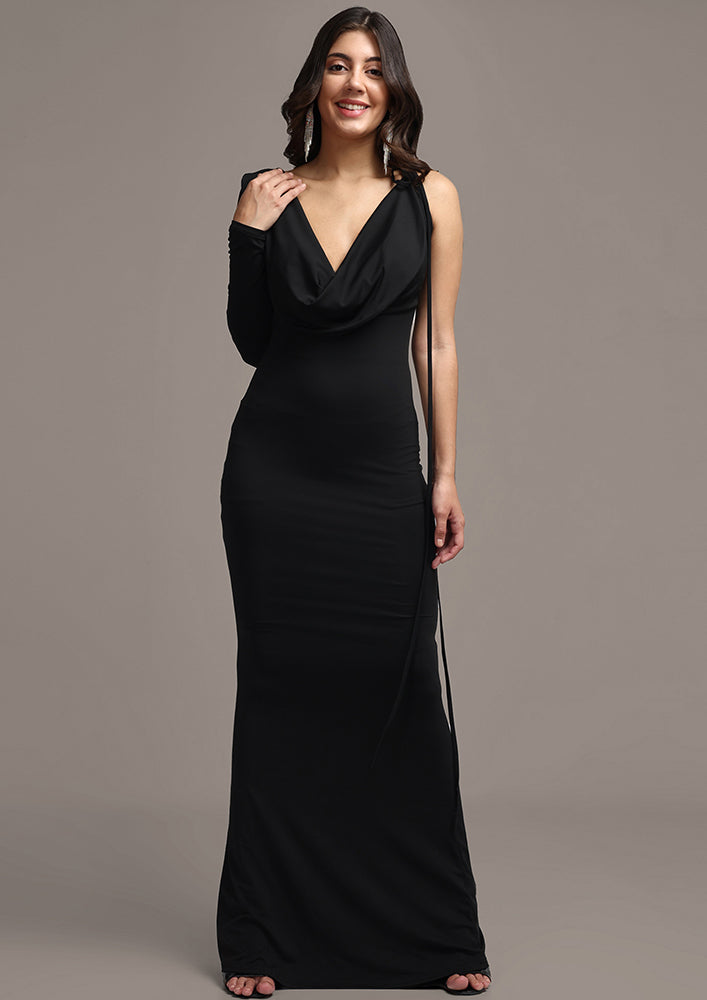 Black Solid Dual Neckline Maxi Gown