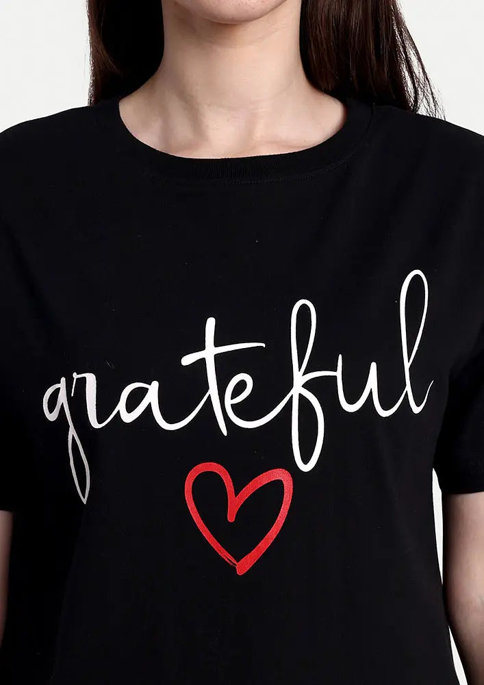 Black Grateful Print Short Sleeve T-Shirt IKI CHIC Private Ltd