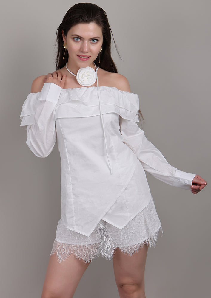 White Off-Shoulder Set with Front Ruffles & Rose Neck Accessory