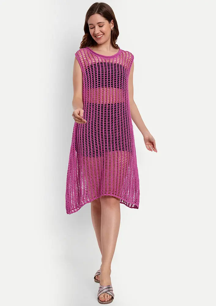 Purple Crochet Beach Coverup With A Boat Neckline And Sleeveless Design IKI CHIC Private Ltd