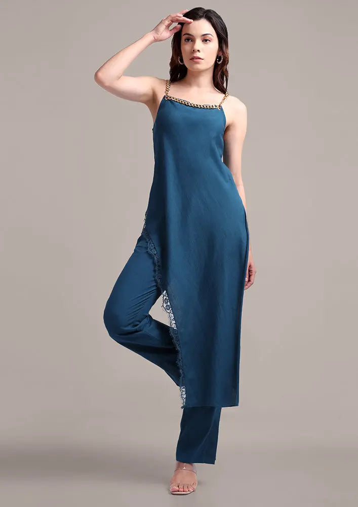 Teal Blue Asymmetric Chain Strapped Top With High Waisted Pants IKI CHIC Private Ltd