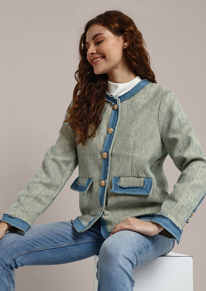 Women Vintage Tweed Blazer With Button Detailing