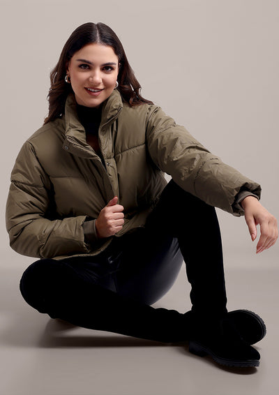 Olive Green Stand Collar Puffer Jacket