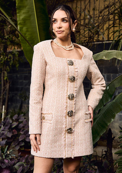 Peachish Pink Tweed Dress With Statement Button & Fringe Detailing