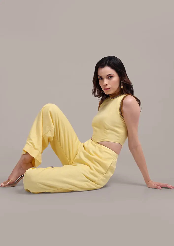 Yellow Halterneck Cut Out Design Sleeveless Linen Jumpsuit IKI CHIC Private Ltd