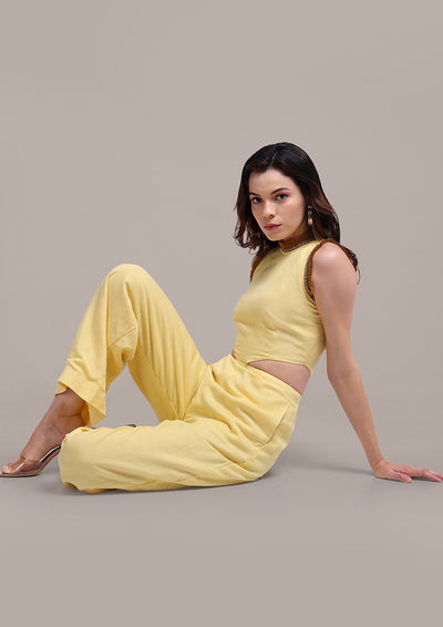 Yellow Halterneck Cut Out Design Sleeveless Linen Jumpsuit