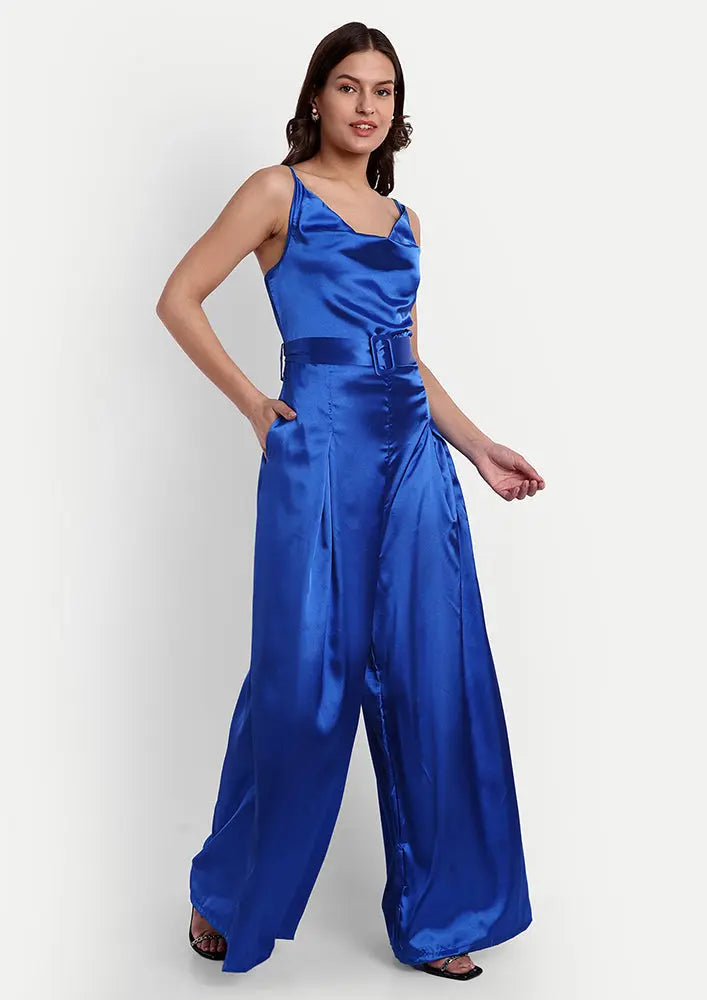 Blue Satin Cowl Neck Strappy Jumpsuit IKI CHIC