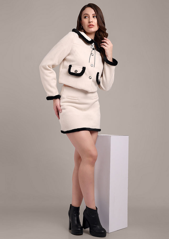 Off-White Blazer Skirt Set with Fur Detailing IKI CHIC Private Ltd.
