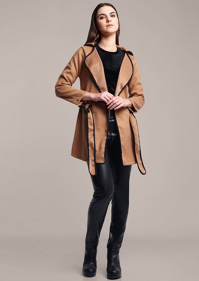 Beige Woolen Over Coat with Black Piping