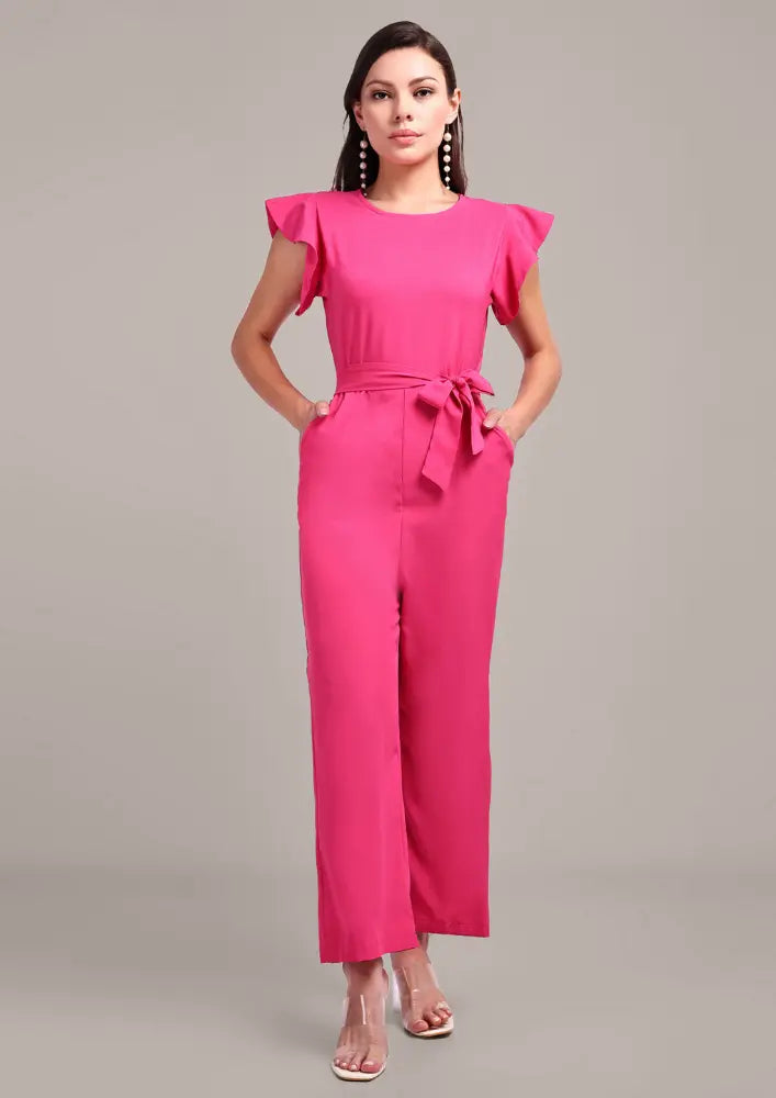 Pink Short Ruffle Sleeve Jumpsuit With Waist Belt IKI CHIC Private Ltd