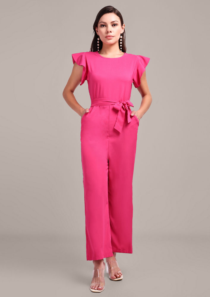 Pink Short Ruffle Sleeve Jumpsuit With Waist Belt