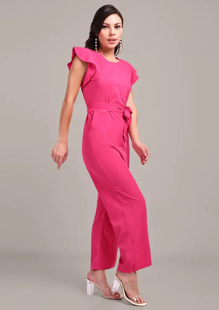 Pink Short Ruffle Sleeve Jumpsuit With Waist Belt IKI CHIC Private Ltd