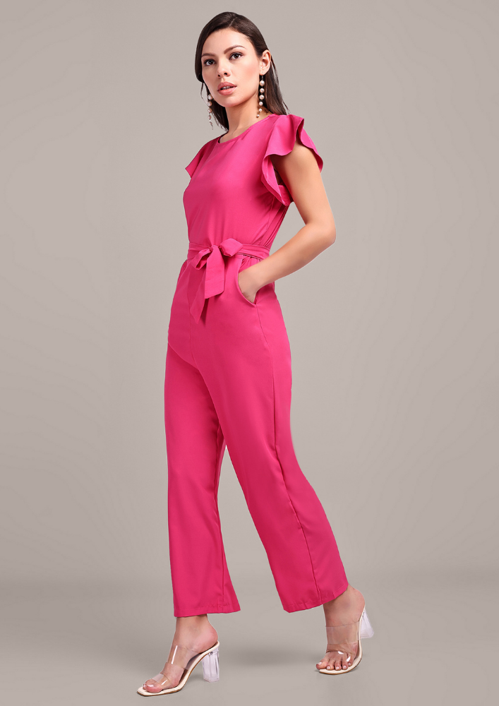 Pink Short Ruffle Sleeve Jumpsuit With Waist Belt