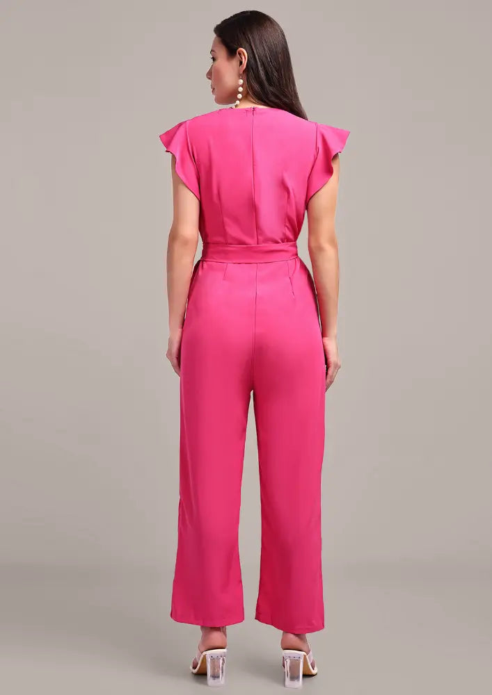 Pink Short Ruffle Sleeve Jumpsuit With Waist Belt IKI CHIC Private Ltd