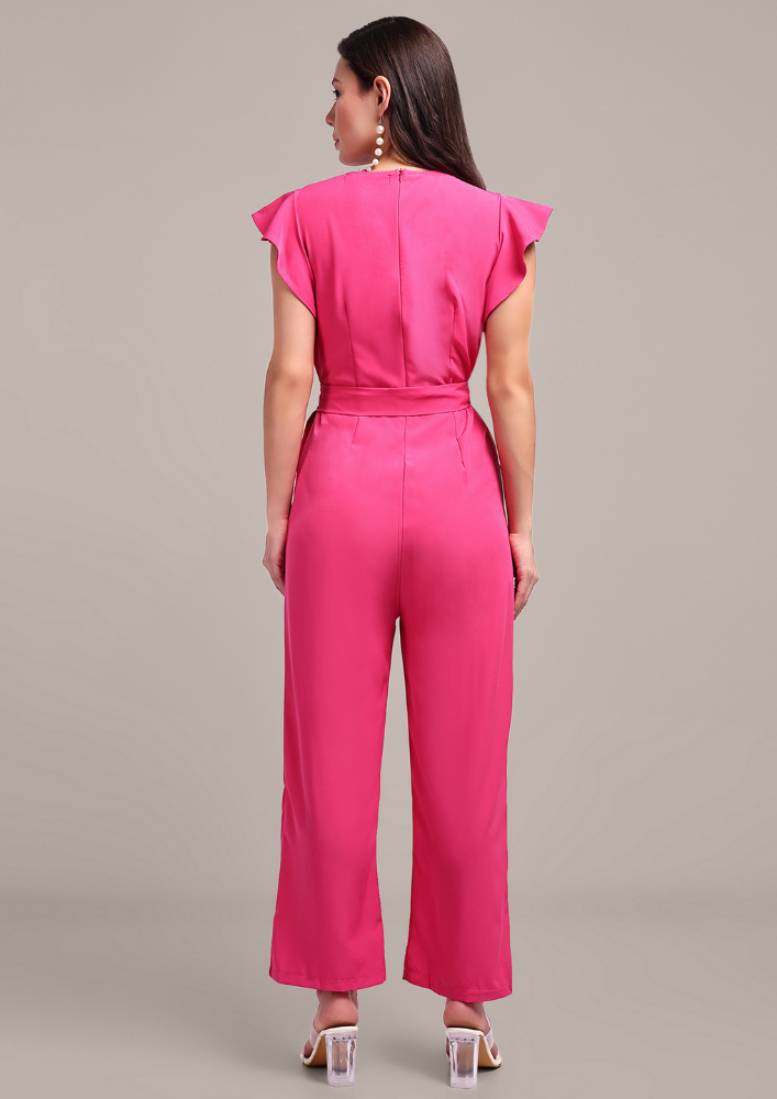 Pink Short Ruffle Sleeve Jumpsuit With Waist Belt