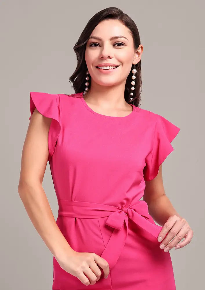 Pink Short Ruffle Sleeve Jumpsuit With Waist Belt IKI CHIC Private Ltd