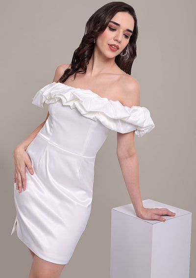 White Ruffle Off-Shoulder Mini Dress IKI CHIC Private Ltd.