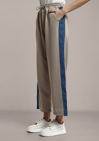 Beige Sweatshirt And Wide Leg Pants Set With Denim Detailing