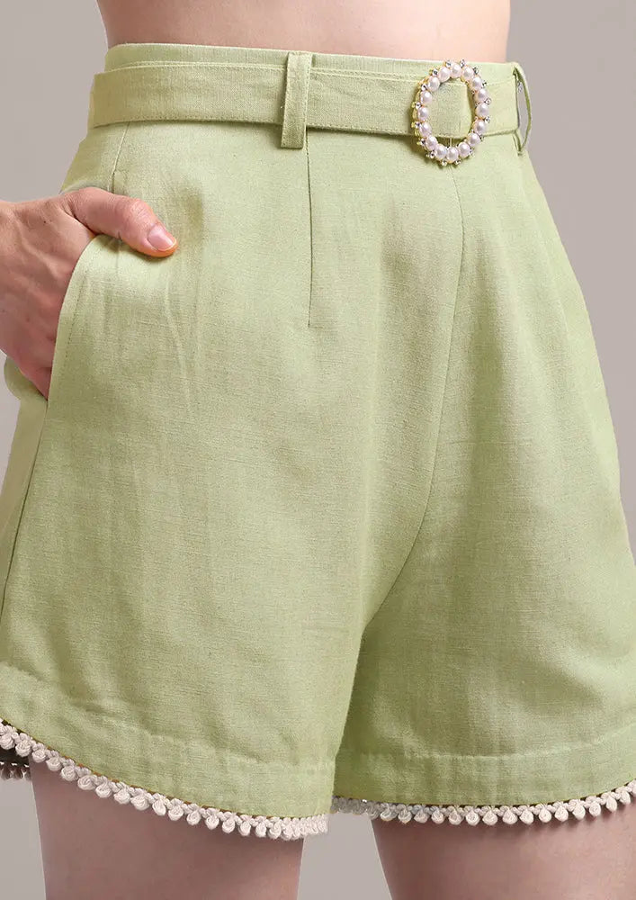 Pastel Green Lace Detailing  Shirt With High Waisted Shorts IKI CHIC Private Ltd