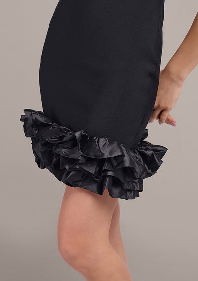 Black Ruffle Swing Hem Flared Mini Dress