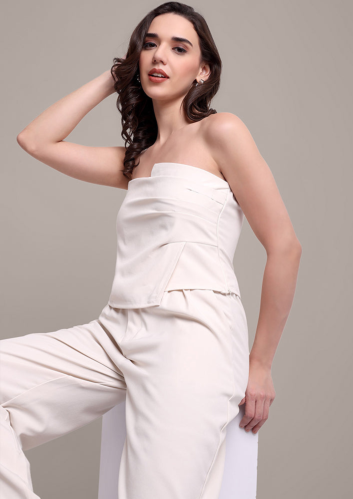 Off-White edgy tube top with wide leg pants set IKI CHIC Private Ltd.